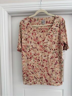 Chico's Beige Floral Short Sleeve Scoop Neck Tee size 2